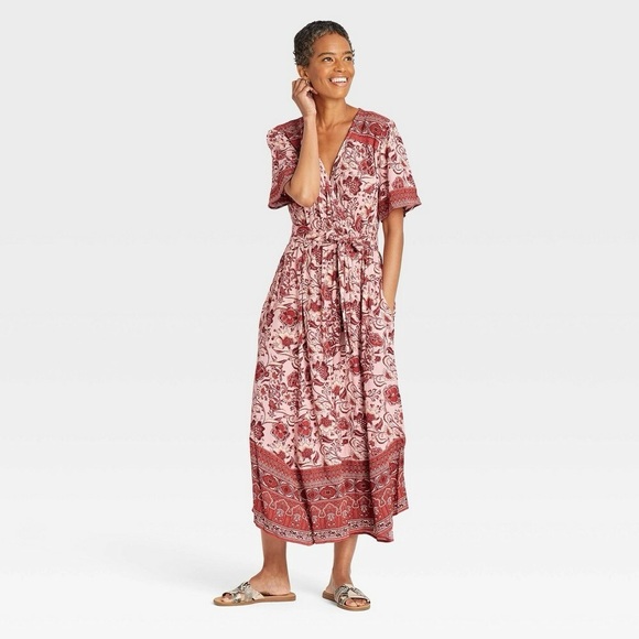 NWT Knox Rose Short Sleeve Wrap Maxi Dress Pink Floral Size Small - Picture 1 of 12